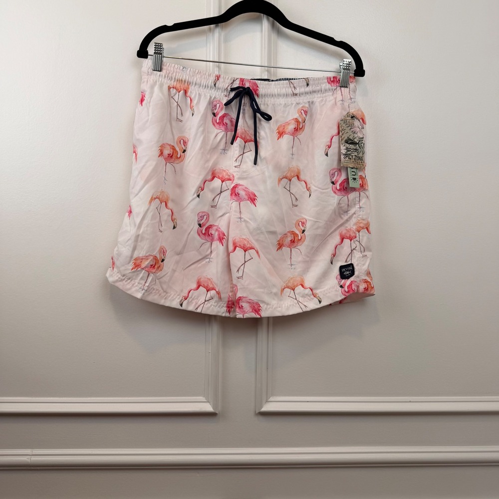 Spicy Tuna Women's Watercolor Flamingos Swim Trunks Pink Board Shorts Large